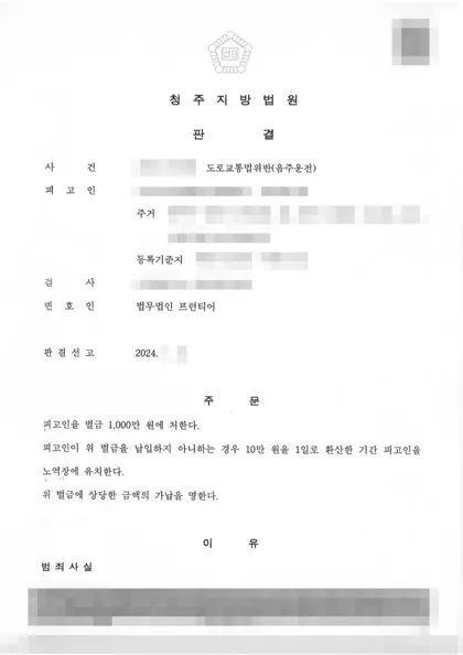 도로교통법위반(음주운전) 벌금 결과 문서(개인정보 가림)