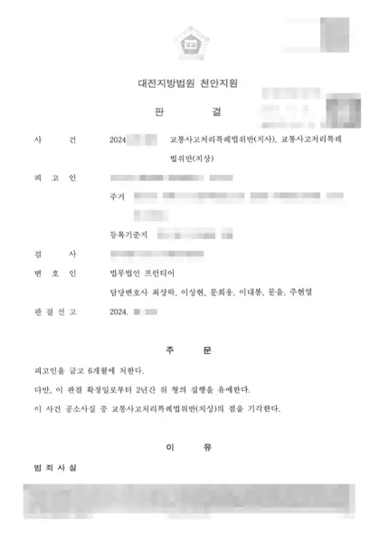 교통사고처리특례법위반(치사)·교통사고처리특례법위반(치상) 집행유예 결과 문서(개인정보 가림)