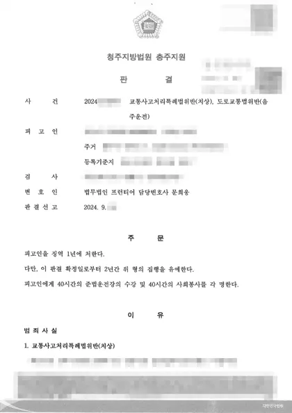 교통사고처리특례법위반(치상)·도로교통법위반(음주운전) 집행유예 결과 문서(개인정보 가림)