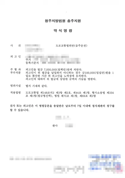 도로교통법위반(음주운전) 벌금 결과 문서(개인정보 가림)