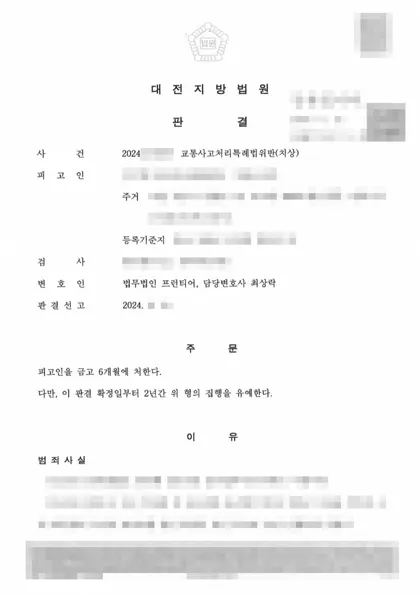 교통사고처리특례법위반(치상) 집행유예 결과 문서(개인정보 가림)