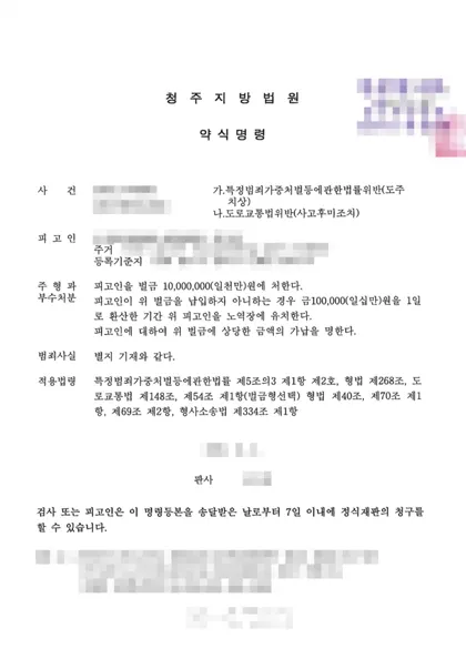 특정범죄가중처벌법위반(도주치상)·도로교통법위반(사고후미조치) 벌금 결과 문서(개인정보 가림)
