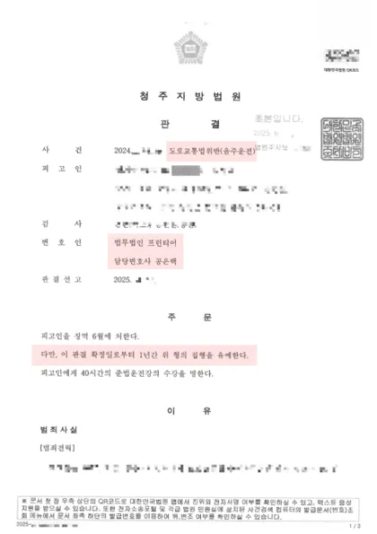 도로교통법위반(음주운전) 집행유예 결과 문서(개인정보 가림)