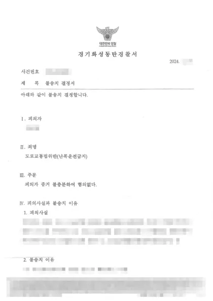 도로교통법위반(난폭운전) 불송치 결과 문서(개인정보 가림)