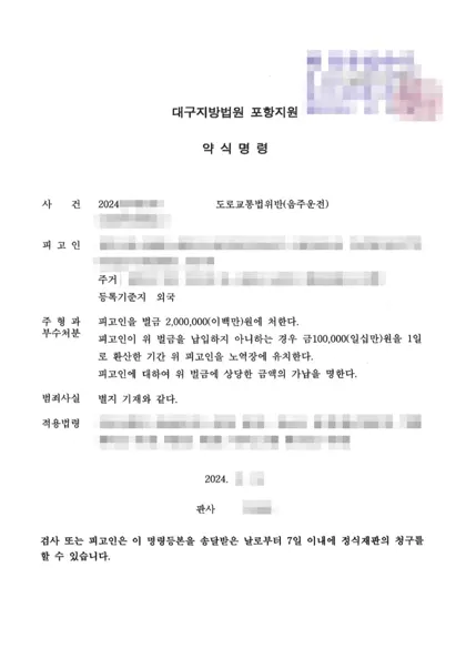 도로교통법위반(음주운전) 벌금 결과 문서(개인정보 가림)