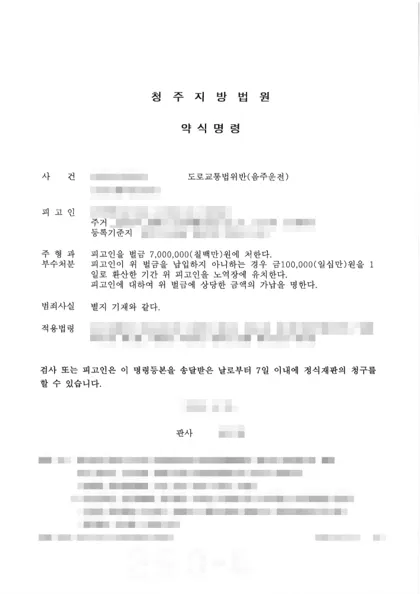 도로교통법위반(음주운전) 벌금 결과 문서(개인정보 가림)