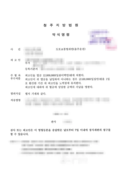 도로교통법위반(음주운전) 벌금 결과 문서(개인정보 가림)