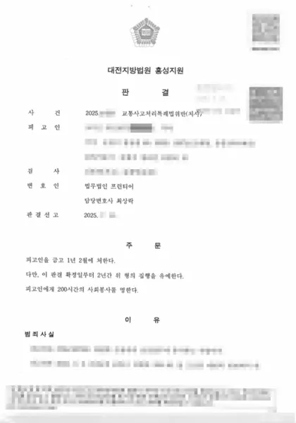 교통사고처리특례법위반(치사) 집행유예 결과 문서(개인정보 가림)