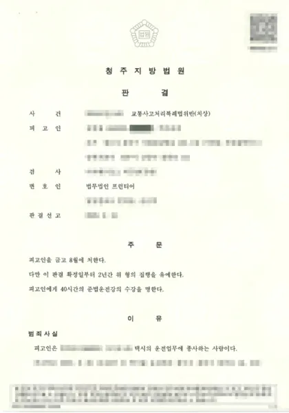 교통사고처리특례법위반(치상) 집행유예 결과 문서(개인정보 가림)