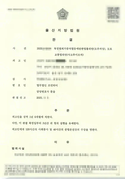 특정범죄가중처벌법위반(도주치상)·도로교통법위반(사고후미조치) 집행유예 결과 문서(개인정보 가림)