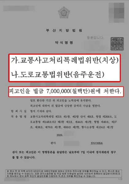 교통사고처리특례법위반(치상)·도로교통법위반(음주운전) 벌금 결과 문서(개인정보 가림)