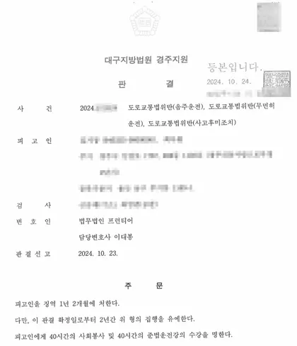 도로교통법위반(음주운전)·도로교통법위반(무면허운전)·도로교통법위반(사고후미조치) 집행유예 결과 문서(개인정보 가림)